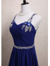 Beaded Double Straps Royal Blue Chiffon Long Evening Dress